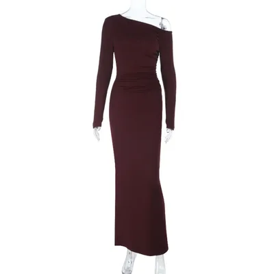Oblique Shoulder Sexy Backless Long Sleeve Slim Dress Women Ins Wine Red - Shop at LoveMi