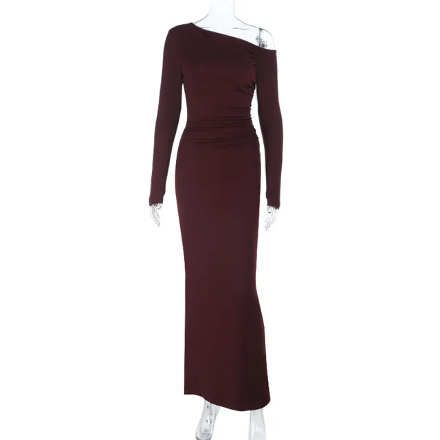 Oblique Shoulder Sexy Backless Long Sleeve Slim Dress Women Ins Wine Red - Shop at LoveMi