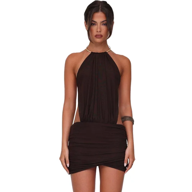 New Backless Strappy Dress With Metal Decorations For Women Brown - Shop at LoveMi