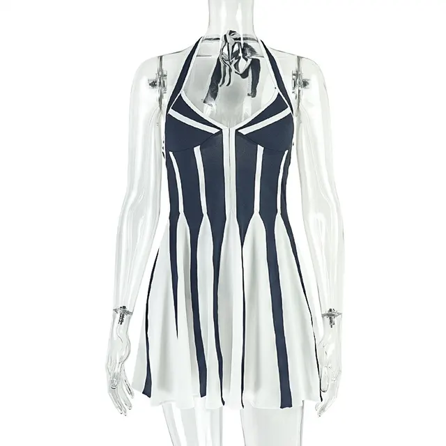 Off shoulder V neck Sleeveless Fitted Short Dress Black And White - Shop at LoveMi