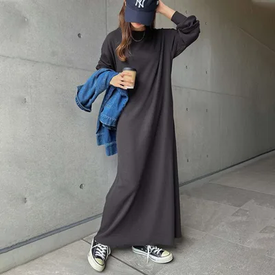 Simple And Sophisticated Solid Color Loose Slim Knee length Long Sleeve Dress Dark Gray Grey - Shop at LoveMi