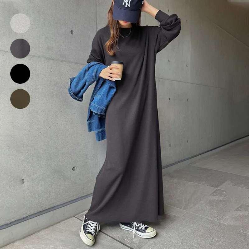 Simple And Sophisticated Solid Color Loose Slim Knee length Long Sleeve Dress Dark Gray - Shop at LoveMi