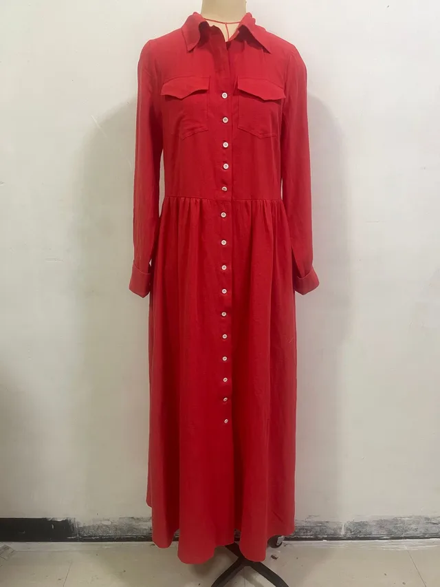 Retro Solid Color Long Dress For Women Brick Red - Shop at LoveMi