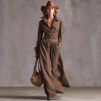 Retro Solid Color Long Dress For Women Coffee - Shop at LoveMi