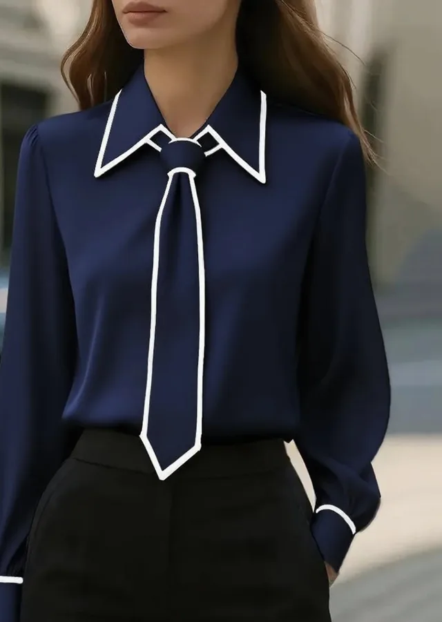 Autumn Fashion Solid Color Commute Tie Long Sleeve Shirt Women's Clothing Dark Blue - Shop at LoveMi