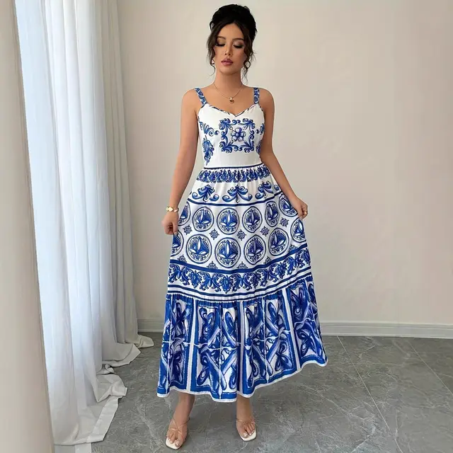Women's Summer New Waist slimming Design Floral Strap Dress Elegant Vacation Style Sapphire Blue - Shop at LoveMi
