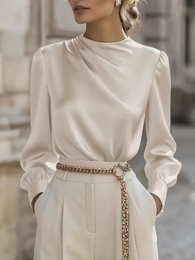 Simple Commuting Temperament Pleated High neck Lantern Sleeve Blouse For Women Apricot - Shop at LoveMi