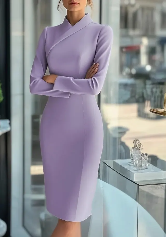 Solid Color Fashion Commuter Long sleeve High neck Slim fit Long Pencil Skirt Purple - Shop at LoveMi