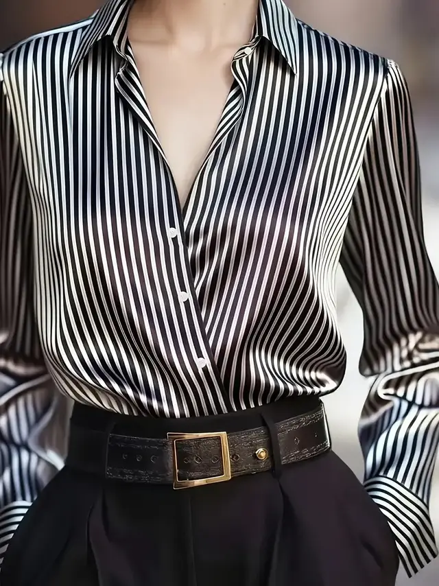 Autumn French Design Retro Stripe Niche Long Sleeve Shirt Black - Shop at LoveMi