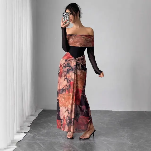 French One shoulder Swing Collar Printed Mesh Dress Color - Shop at LoveMi