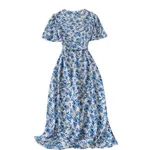 Short-sleeved V-neck Waist-cinching A-line Flared Dress - Floral - View 1
