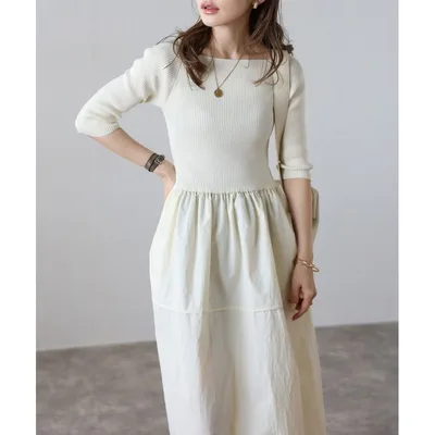 Spring And Summer Knitted Patchwork Mid sleeve Dress Beige - Shop at LoveMi