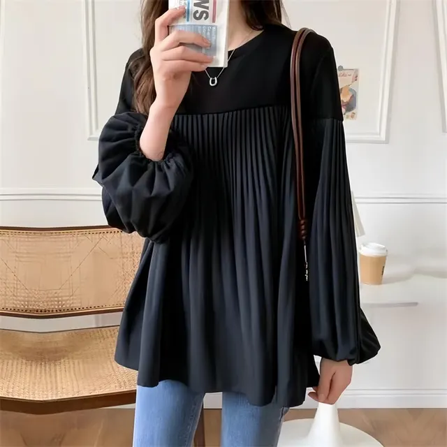 Elastic Lantern Sleeve Round Neck Contrast Color Pleated Long Sleeve Sweater Black And Black - Shop at LoveMi