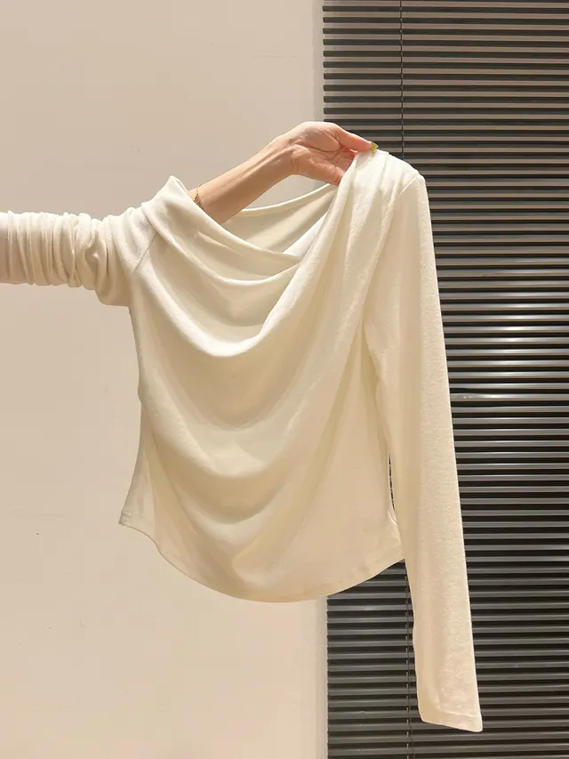Solid Color Off shoulder Cashmere Long sleeve Top Beige - Shop at LoveMi