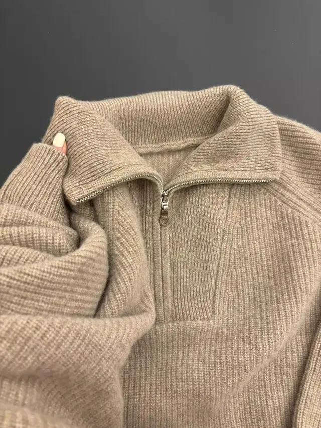 Raccoon Fur High Neck Semi Zip Pullover Sweater Women Camel - Shop at LoveMi