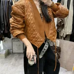 Temperament Long-sleeve Plaid Loose Cotton-padded PU Leather Jacket - Caramel Color-M