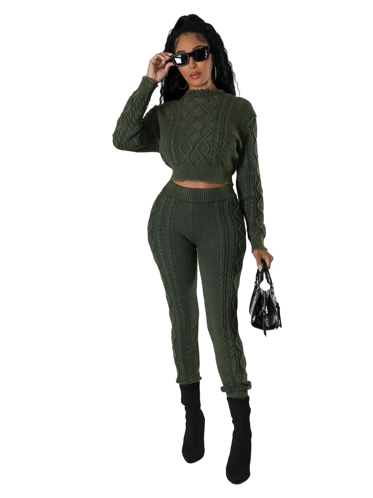 Women's Washable Vintage Knit Diamond Pattern Cable Sweater Set - Green