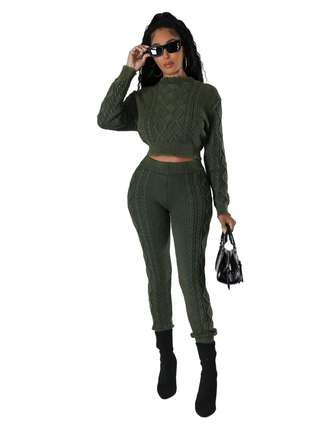 Women's Washable Vintage Knit Diamond Pattern Cable Sweater Set Green - Shop at LoveMi