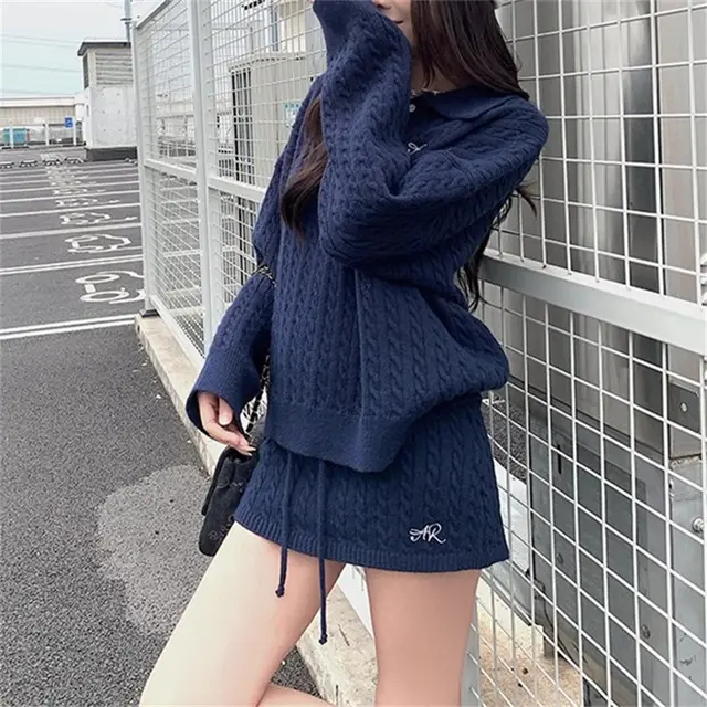 Korean style Academic Twist Knit Skirt Set Blue - Shop at LoveMi
