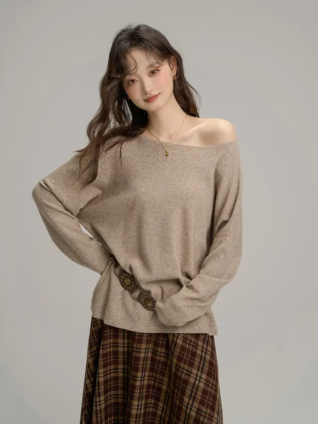 Oblique Shoulder Revealing Collarbone Soft Knit Base Shirt Oats - Shop at LoveMi