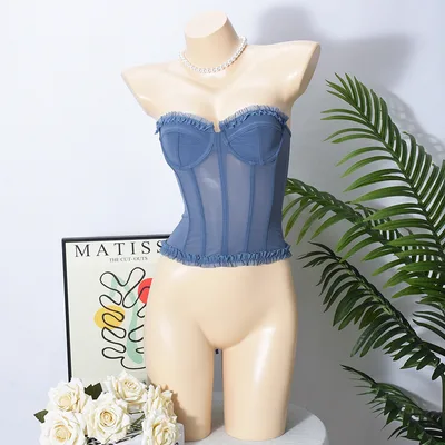Sexy Sheer Bustier With Backless Design And Corset Boning Gray - Shop at LoveMi
