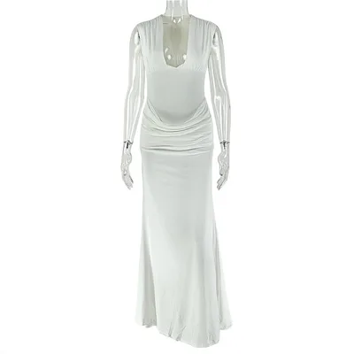 Pleated Bodycon Skirt Sexy V neck Sleeveless Elegant Dress White - Shop at LoveMi