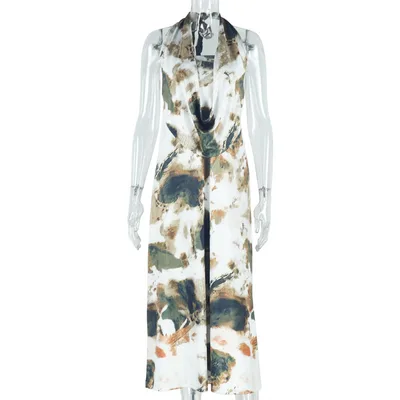 Print Pleated Backless Dress Set Sleeveless Tie Gray Floral - Shop at LoveMi