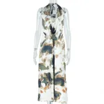 Print Pleated Backless Dress Set Sleeveless Tie - Gray Floral - View 1