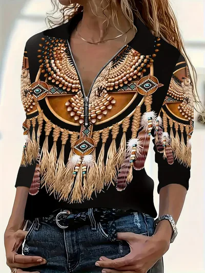 Autumn And Winter New Women's Lapel Zipper Long Sleeve Printed T shirt Dark Brown - Shop at LoveMi