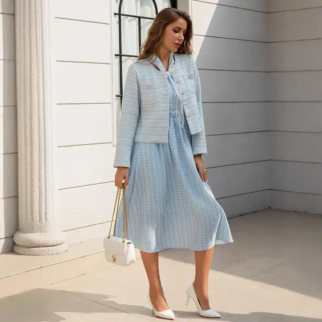 French style Women's Elegant Tweed Jacket With Plaid Countryside Dress Set Coat - Shop at LoveMi
