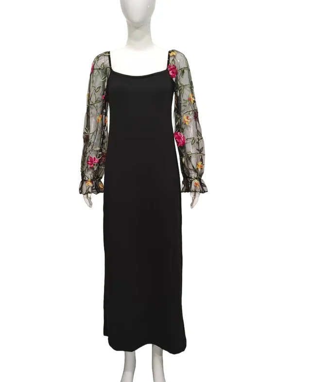 Women's Floral Embroidered Elegant Fitted Dress With Heart Neckline Black - Shop at LoveMi