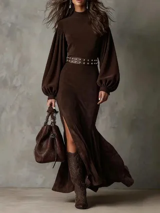 Retro Lantern Long Sleeve Half-high Neck Slim Slit Dress - Dark Brown