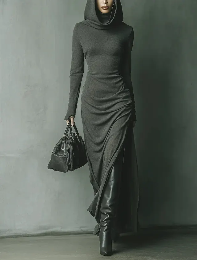 Women's Solid Color Knit Hooded High Neck Dress Gray - Shop at LoveMi