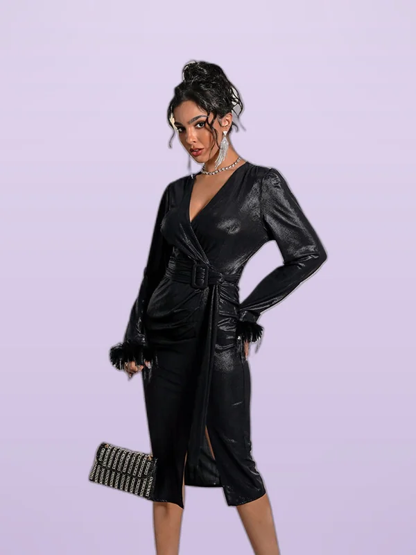 Retro Party Sexy Elegant Style Deep V neck Black Slit Dress Black - Shop at LoveMi