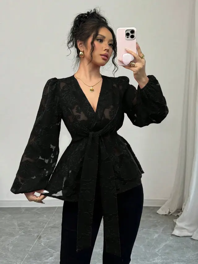 Fashionable Sexy Semi transparent Long sleeved V neck Women's Shirt Black - Shop at LoveMi