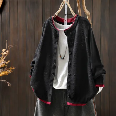 Women's Cardigan Sweater Coat Color Block Cotton Thread Knitting Retro Casual Black - Shop at LoveMi