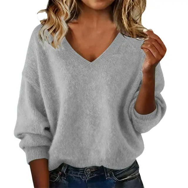 New Fashion Loose Solid Color V neck Sweater Women Gray - Shop at LoveMi