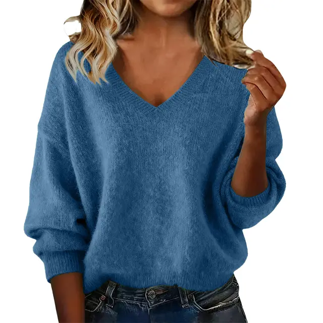 New Fashion Loose Solid Color V neck Sweater Women Peacock Blue - Shop at LoveMi
