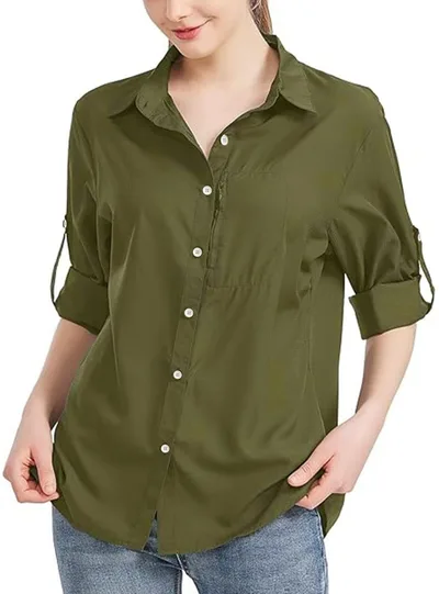 Women's Solid Color Business Lapel Zipper Pocket Long Sleeve Shirt Army Green - Shop at LoveMi