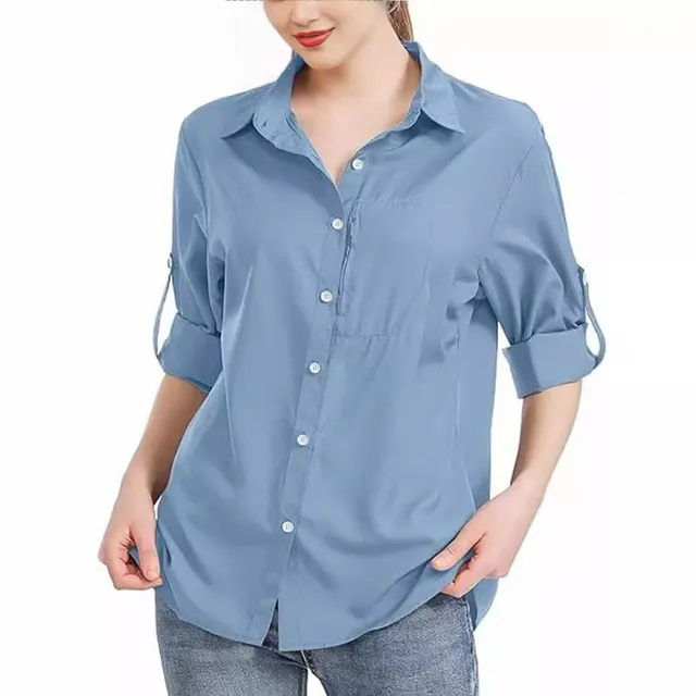 Women's Solid Color Business Lapel Zipper Pocket Long Sleeve Shirt Gray And Blue - Shop at LoveMi
