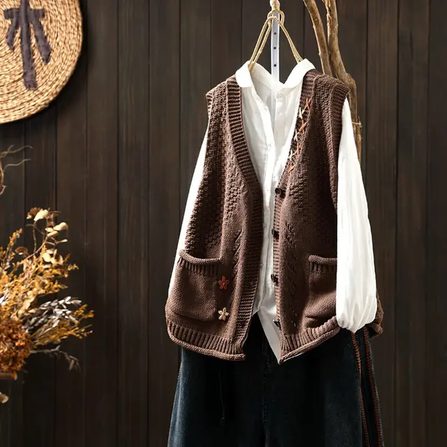 Hand embroidered Cotton Thread Knitted Sleeveless Vest Cardigan Coffee - Shop at LoveMi