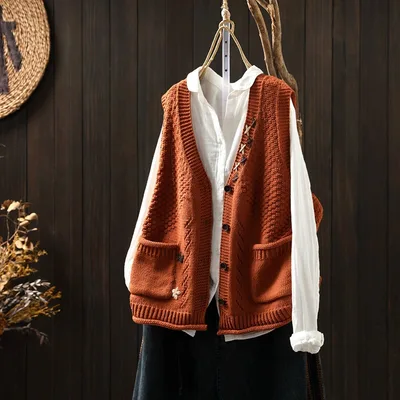 Hand embroidered Cotton Thread Knitted Sleeveless Vest Cardigan Orange - Shop at LoveMi