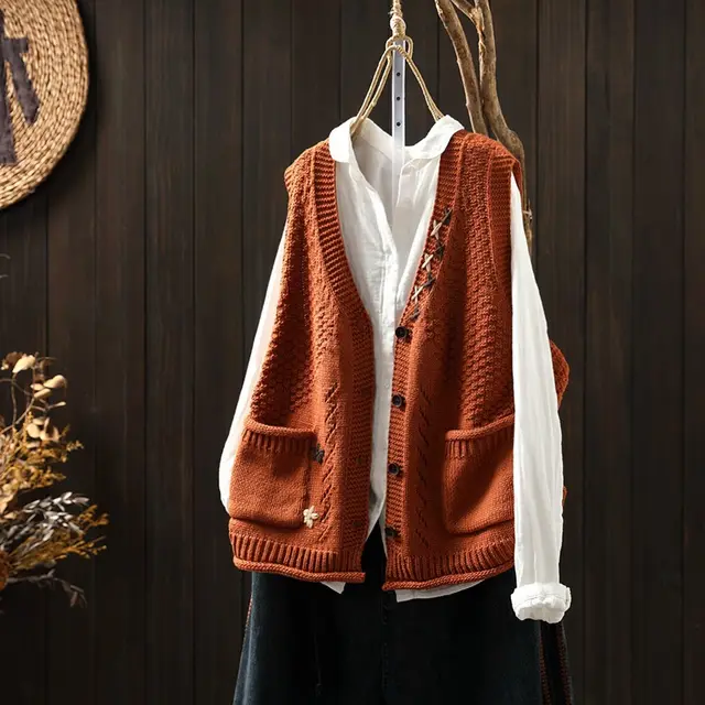 Hand embroidered Cotton Thread Knitted Sleeveless Vest Cardigan Orange - Shop at LoveMi