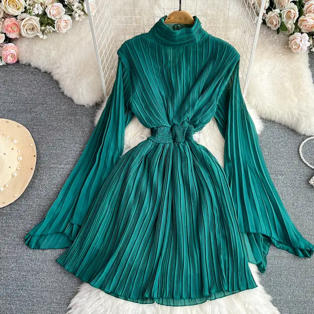 Horn Long Sleeves Stand Collar Waist A line Chiffon Dress Green - Shop at LoveMi