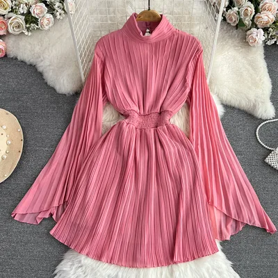 Horn Long Sleeves Stand Collar Waist A line Chiffon Dress Pink - Shop at LoveMi