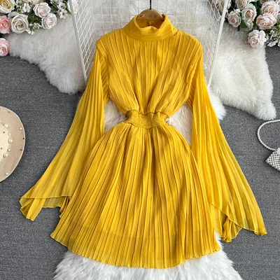 Horn Long Sleeves Stand Collar Waist A line Chiffon Dress Yellow - Shop at LoveMi