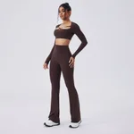 Color-blocking Yoga Hollow-out Slim-fit High-waist Flared Pants Long Sleeve Set - Distilled Coffee
