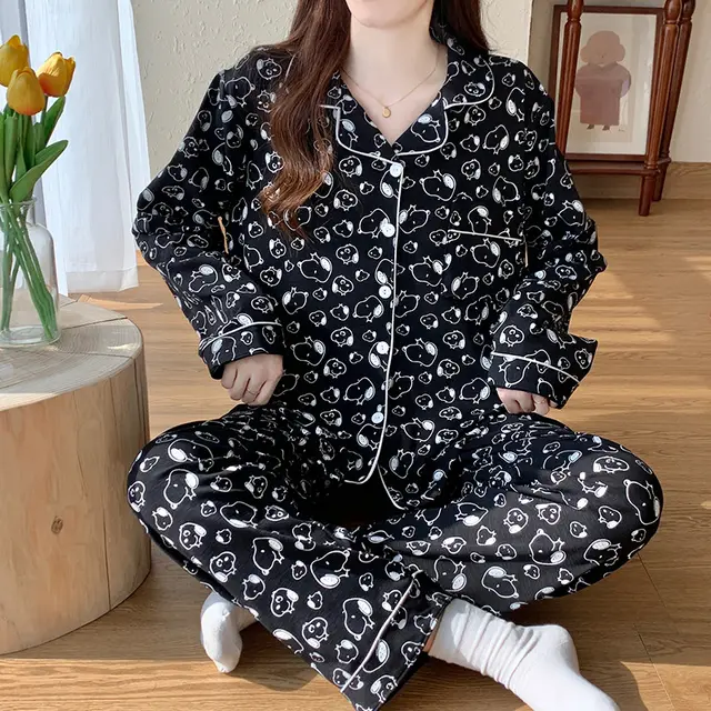 New Pajama Set Long Sleeve Cardigan Stripe Retro Women's Homewear Black - Shop at LoveMi