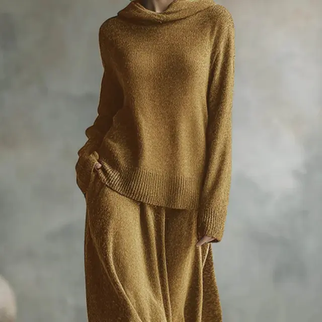 Women's Solid Color Long Sleeve Loose Hooded Top High Waist Casual A Line Skirt Set Khaki - Shop at LoveMi