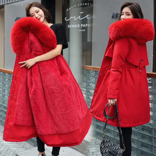 Long Style Large Fur Collar Fleece Lined Cotton Jacket Down Cotton Coat Outerwear Red - Shop at LoveMi